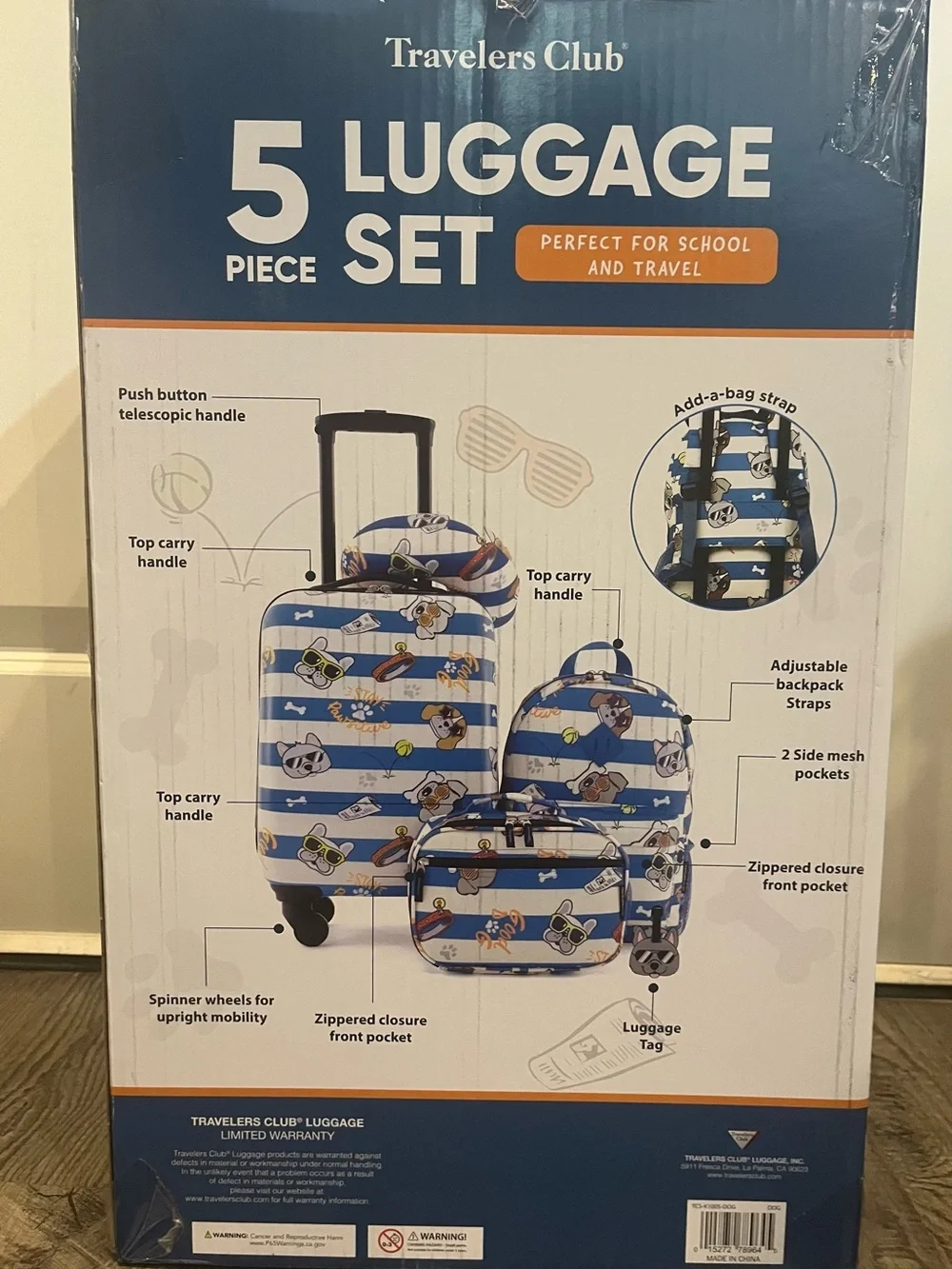Travelers Club 5-Piece Kids' Luggage Set Cool Dog NEW